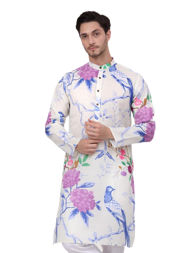 Jompers Men's Blue Animal Printed Pure Cotton Straight Kurtas. (Blue, L)