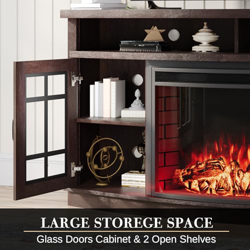 LUXOAK 59\" Curved Fireplace TV Console, Entertainment Center Table with Open Shelves and Farmhouse Glass Door Media TV Cabinet Stand for TVs up to 65 Inches, Dark Walnut