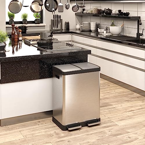 Image of iTouchless SoftStep 60 Liter / 16 Gallon Kitchen Step Trash Can & Recycle Bin with Double Odor Filters and Color-Coded Buckes, Stainless Steel, 2 x 8 Gallon (30L), Soft Close Lid and Airtight Seal