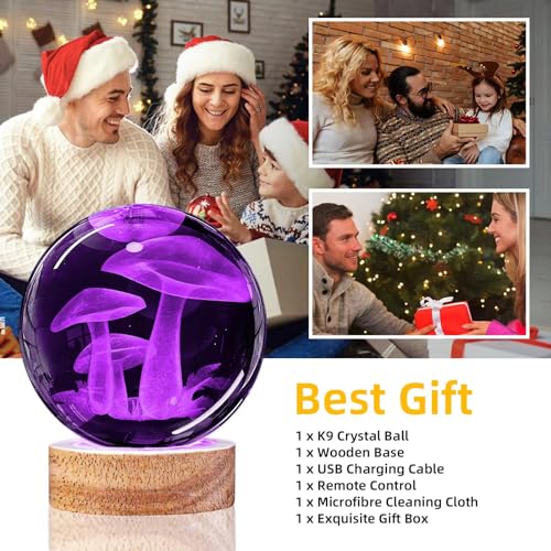 Image of 3D Mushroom Crystal Ball Night Light with Remote Upgraded 3.15 In Mushroom Glass Ball Table Lamps with 16 Color Led Wooden Base for Birthday Xmas Cute Mushroom Room Decor Gifts for Kids Women Teen