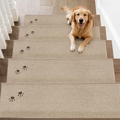 BEQHAUSE Stair Treads for Wooden Steps 28inX9in, Non Slip Carpet Stair Treads Indoor Stair Runners Machine Washable, Soft Stair Rugs Mat Surface Polyester TPE Backing, 15pcs, Beige