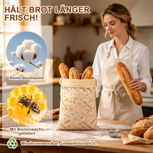 nplaseta Lot de 2 sacs à pain en cire d'abeille avec fermeture éclair, 2 sacs à pain + 1 couvercle en cire d'abeille, toile respirante en coton, réutilisable pour le stockage du pain de la cuisine – vue 6