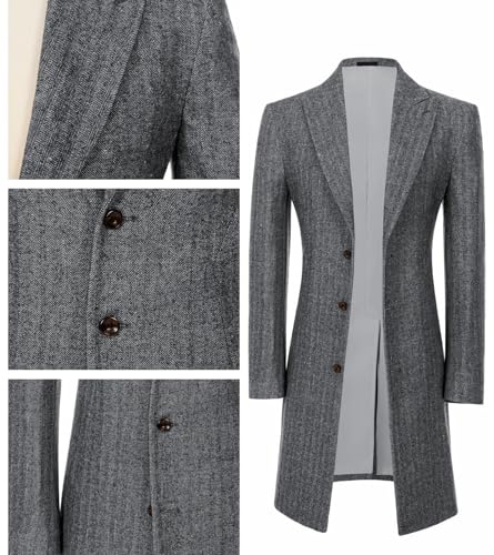 Image of Mens Trench Coat Herringbone Wool Peak Lapel Single Breasted Long Slim Fit Pea Coat Business Suit Jacket for Men