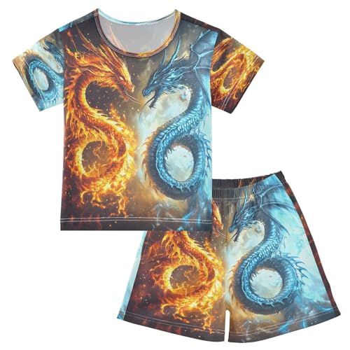 ALAZA Funny Dragon Fire Water Pajamas Set Short Sleeve Cotton Sleepwear Summer Pjs 2 Piece 5-14Y