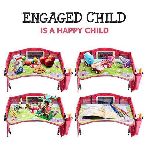 Coolmum Kids Travel Tray, Toddler Car Seat Tray, Activity Organizer, Snack Lap Tray, Baby Stroller Tray, Airplane Play Table, Waterproof and Foldable (Premium Red/Pink) - Thumbnail 4