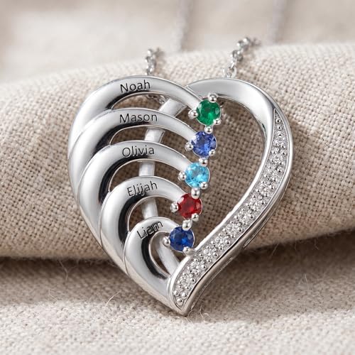 925 Sterling Silver Personalized Mother Necklace with 2-6 Birthstone Necklaces for Women Mothers Day Gifts for Mom Grandma Wife, Engraved Names Heart Charm Pendant for Birthday Anniversary (A_Five Name) - Thumbnail 3