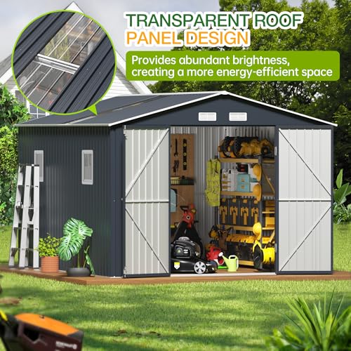 Image of Breezz 10x12 FT Outdoor Storage Shed with Skylight Roof Panels, Metal Garden Tool Shed with Lockable Doors and Windows, Large Utility Shed for Patio Backyard Storage, Night Blue