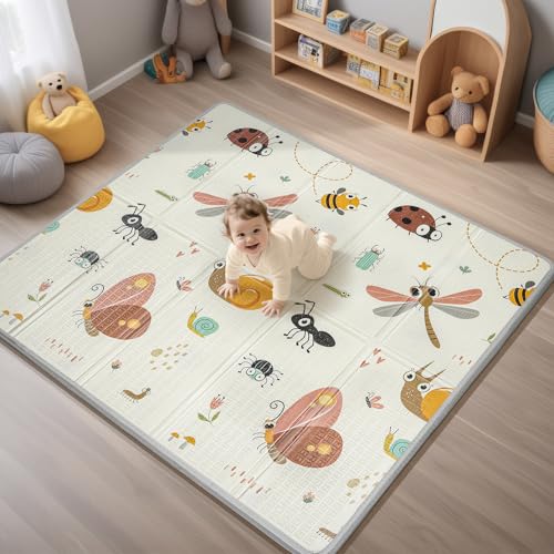 Image of Foldable Baby Play Mat, PIGLOG Waterproof Playmats for Babies and Toddlers Kids, Safe Foam Playmat for Tummy Time, 50x50 Playpen Mat, Reversible Portable Baby Floor Mat for Infant, Toddler, Dragonfly