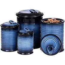 Nihow Food Storage Jar Sets Ceramic Container with Air Tight Lid for Flour/Sugar/Rice/Coffee/Cookies/Candy - Seal Damp-proof Canister for The Kitchen Counter - Set of 4 Blue & Black