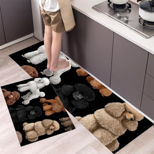 KRSAZCM Adorable Caniche Tapis Cuisine, Noir Tapis Antidérapant Et Lavable, 50x80+50x120cm Antifatigue De Passage Imperméable Résistant À l'huile Paillasson