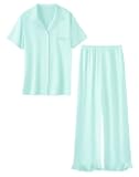 Umeyda Pajamas Set for Girls 2PCS Button-Down Short Sleeves Top and Ruffle Pants Sleepwear for Kids 5-14 Years