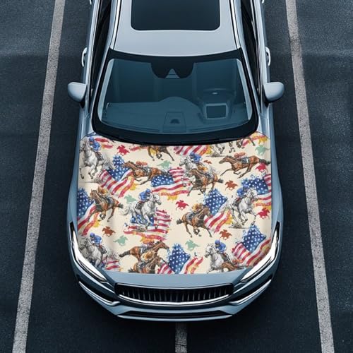 Image of Car Hood Cover Protector Stretchable Horse and American Flag Car Hood Wraps Auto Banner Auto Decorative Accessories for Compact Sedans SUV Trucks (59x39 Inch)