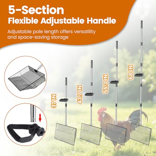 Image of 15 inch Extra Large Chicken Poop Scooper with Ergonomic Grip,5-in-1 Heavy Duty Adjustable Coop Scoop for Poop (24 to 68 inch), Stainless Steel Sifting Litter Shovel Scoop for Chicken Coop