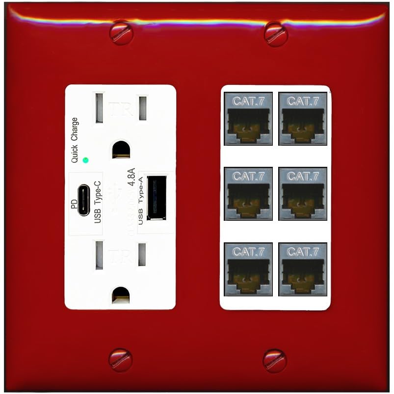 RiteAV 6 Port Cat7 Shielded Ethernet Wall Plate - USB A+C Outlet [Red/White]