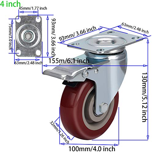 Image of DICASAL 4 Inches Heavy Duty Plate Casters Wheels Durable Large PVC Wheels Double Brakes Castors Load Upto 1200 LBS Pack of 4