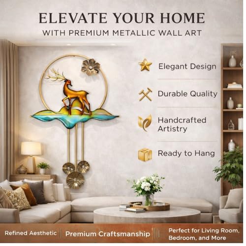 Image of Framing Hub Metal Multicolor Handcrafted Big Deer Leaf Wall Decor Vertical Frame | Artistic Wall Hanging for Living Room Office (Size 22x42 Inch)