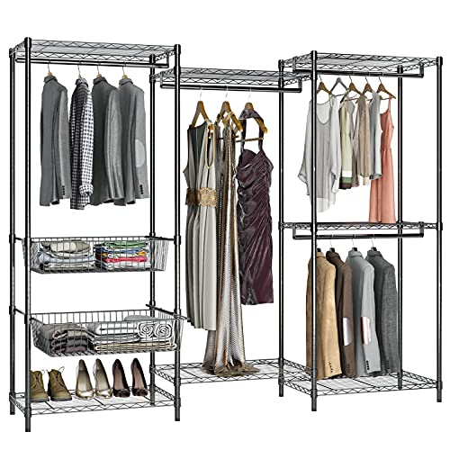 VIPEK 5-Tiers Wire Garment Rack Heavy Duty Clothes Rack Large Size Armoire Storage Rack with 4 hanging Rods, 7 Wire Shelves and 2 Slid Baskets, 85.8 L x 17.7 W x 70.9 H, Max Load 794 LBS, V10P Black