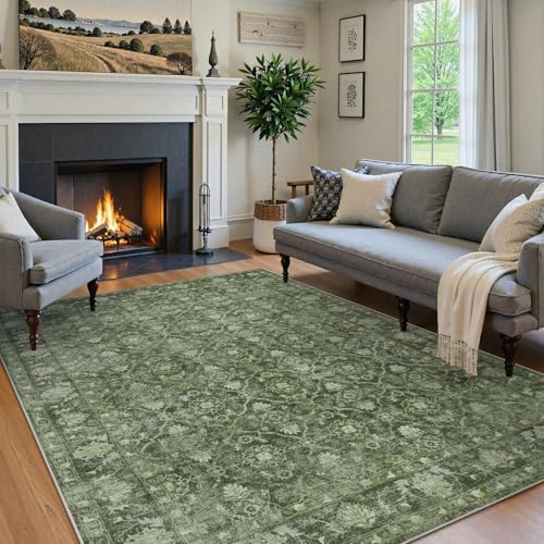 Hedlive 5x7 Area Rugs for Bedroom, Washable Green Living Room Rug Non Slip, Soft Low Pile Moroccan Rug, Boho Emerald Carpet for Dining Guest Room Office Playroom Nursery (5'x7', Dark Green)