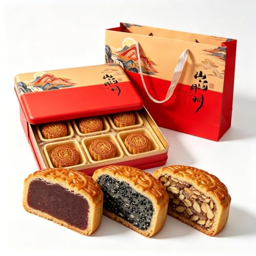 Mooncakes, Chinese Mid-Autumn Festival Traditional Mooncake Gift Box, 3 Flavors 6 Pcs(600g), 月饼