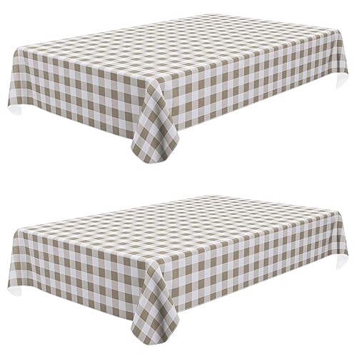 misaya 2 Pack Waterproof Vinyl Table Cloth, Buffalo Flannel Backed Tablecloth, Wipeable Plastic Table Cover for Dinner, Kitchen, Outdoor (60" x 120", Khaki & White)