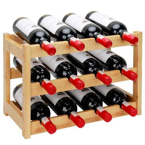 Thalomely Bamboo Wine Rack, 3-Tier 12 Bottles Wine Storage Cabinet