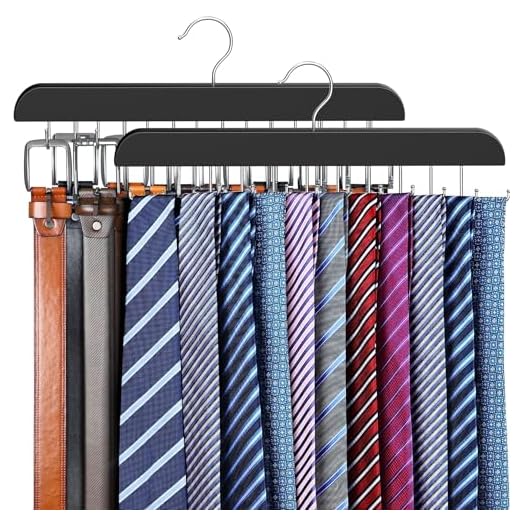 Resovo 2 Pack Tie Rack & Belt Hanger 2 in 1 Tie Hanger Space Saving Max 42 Belts& 60 Ties Capacity for Closet Organizers and Storage, Sturdy Wood Belt & Tie Collection Organizer