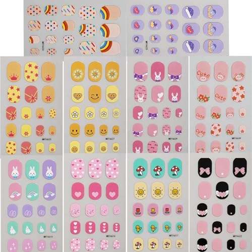 10Sheets Colorful Kid Nail Stickers Full Nail Wraps for Kids Girls Self Adhesive Nail Strips for Nail Art Decoration Fun Including Rainbow Heart Rabbit Flower Fruit Moon Sun for Age 7 and Older…