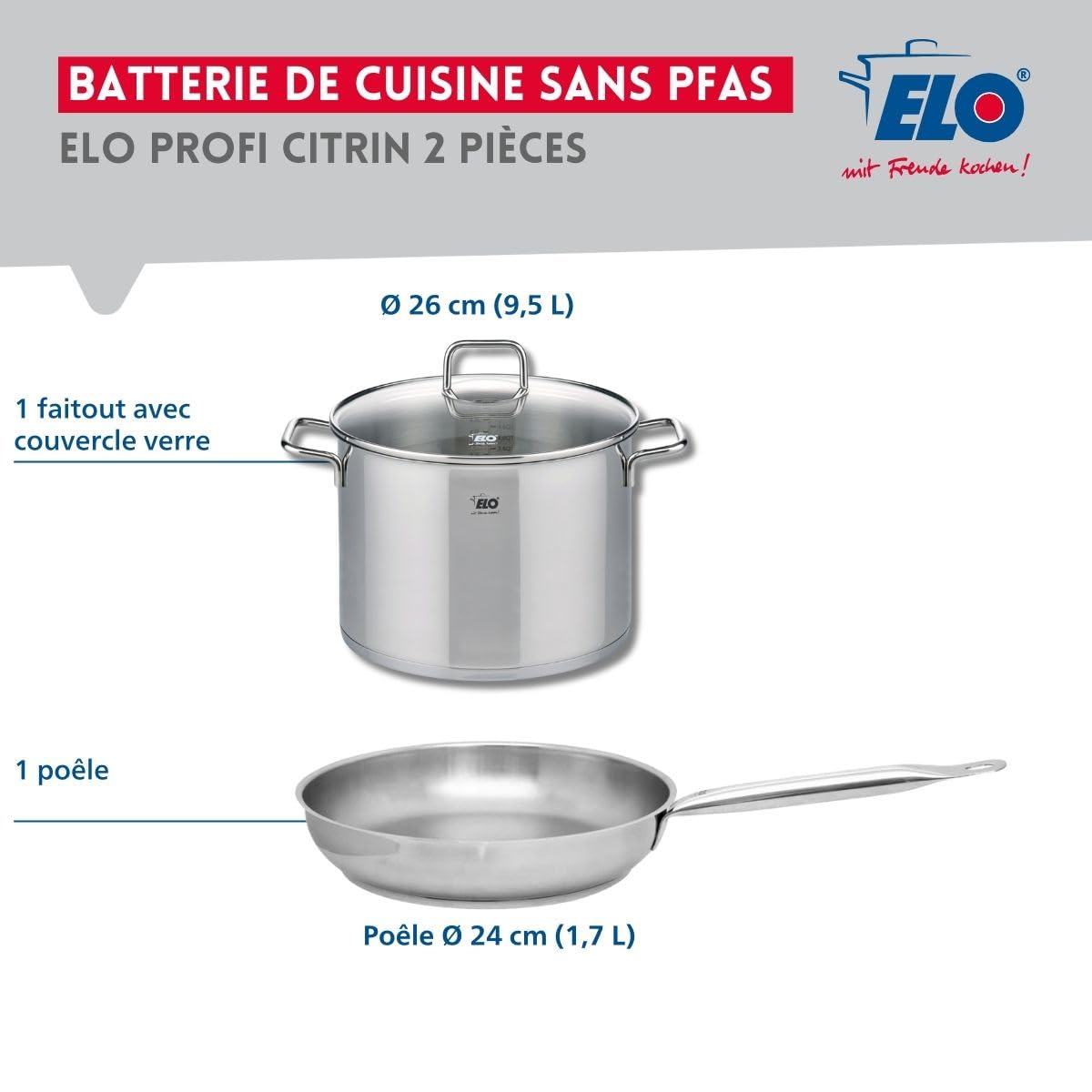 Elo Batterie cuisine 1 poêle 24 cm et 1 faitout 26 cm