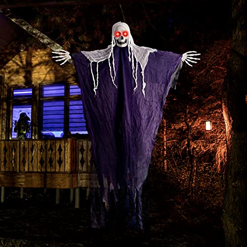 YOMIQIU Halloween Skelett Outdoor Deko, Fliegendes Hängende Geister mit Leuchtenden Augen, 2m Unheimlicher Riese Gespenst Stütze Indoor und Outdoor Hanging Ghost Skull Horror Szene Dekoration Cover