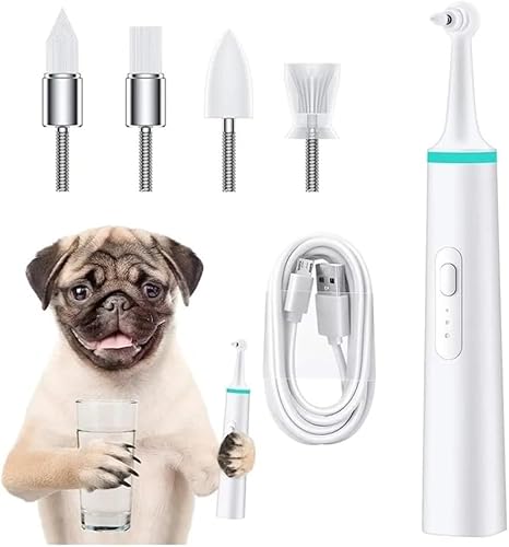 犬用電動歯磨き器、犬用歯石クリーナー、歯の汚れ除去猫用口腔洗浄ツール、ペット用電動歯ブラシ、4つのブラシヘッド付きデンタルケア洗浄ツールキット(Green)
