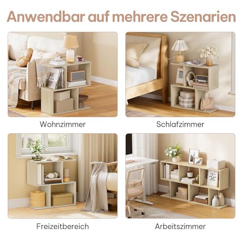 eSituro Beistelltisch S-Form, Couchtisch mit 4 Fächern, Nachttisch Wohnzimmertisch Kaffeetisch Telefontisch, kleiner Tisch für Couch Sofa Bett, 60x60x24 cm, helle Eiche – Bild 8