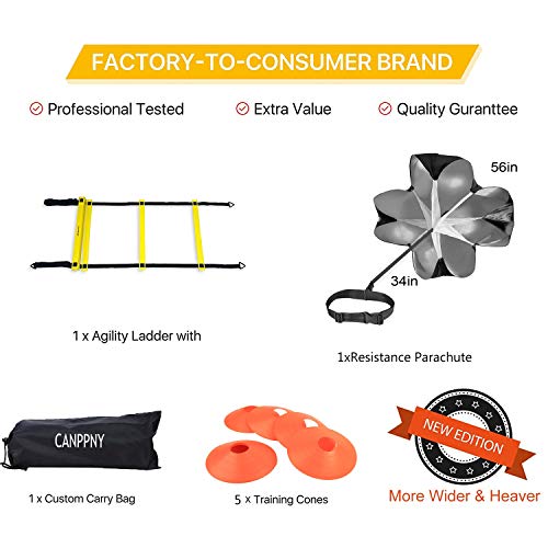 CANPPNY Speed Agility Training Kit—Includes Agility Ladder with Carrying Bag, 5 Disc Cones, Resistance Parachute.Use Equipment to Improve Footwork Any Sport.