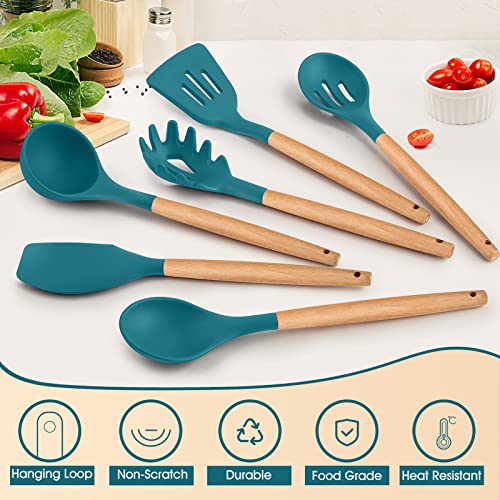 Kitchen Utensils Set Of 6, E-Far Silicone Cooking Utensils With Wooden Handle, Non-Stick Cookware Friendly, Includes Spatula/Ladle/Slotted Turner/Serving Spoon/Spaghetti Server(Teal Blue) #TOP2