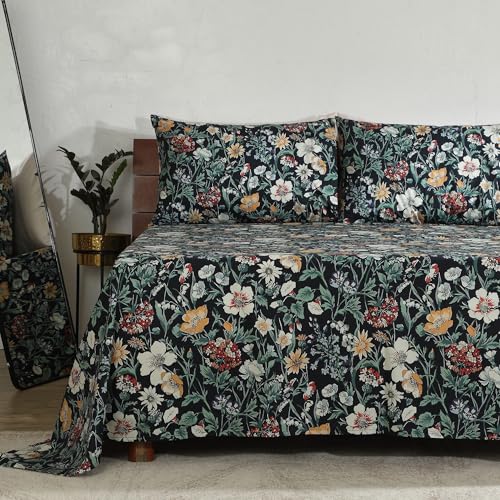 Image of Bedsheet Set | GOTS Certified 100% Organic Cotton Percale | 200 TC | Breathable & Skin-Friendly (Single, Adriana Black)
