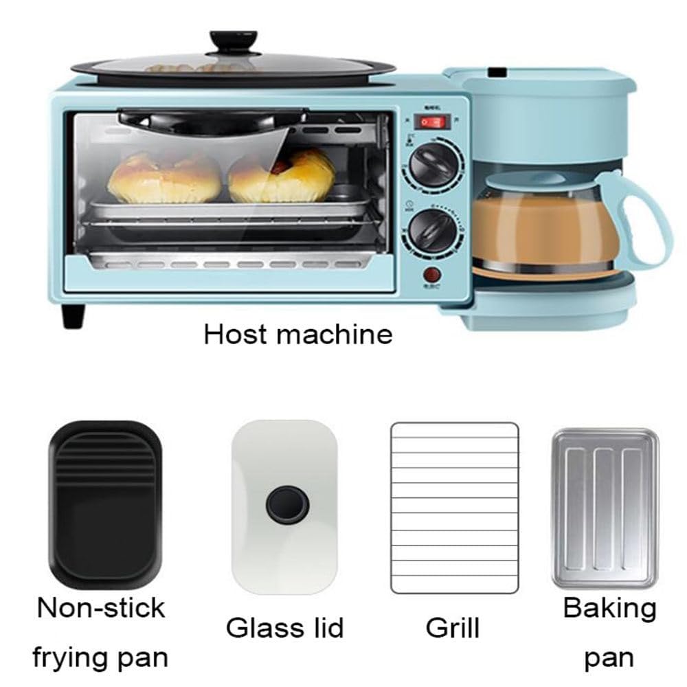 Estación for hacer desayuno 3 en 1, máquina de desayuno multifunción con horno eléctrico tostador de 9 litros, cafetera de 600 ml, sartén antiadherente, sandwichera de huevo, control de temperatura (