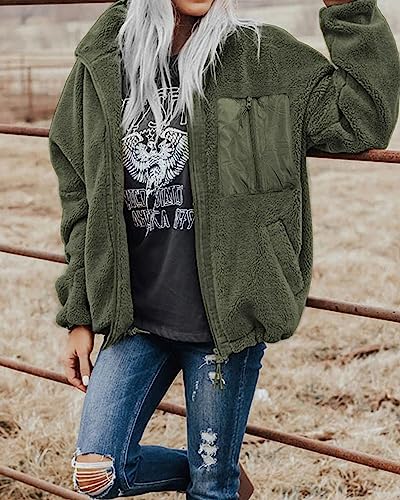 Btfbm Women 2023 Fall Winter Fleece Jackets Full Zip Long Sleeve Casual Soft Fuzzy Shaggy Teddy Coats Jacket Outerwear(Solid Green, X-Large) #TOP1