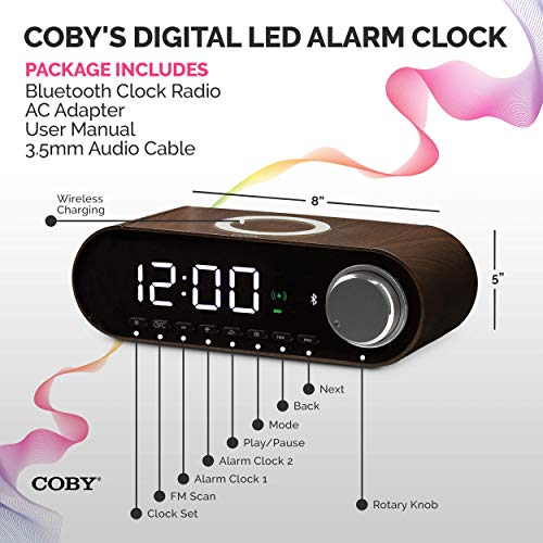 Coby Digital Led Alarm Clock Built In 10W Hd Bluetooth Speakers Fm Radio Qi Certified Fast Wireless Charger For Iphone, Samsung And, Usb Port Battery Backup Aux In, Dimmer For Bedroom, Office Desk #TOP5