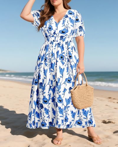 Image of Pinup Fashion Plus Size Wedding Guest Chiffon Semi Formal Maxi Dress | Chiffon, V-neckline, short sleeves, shirred waist, textured floral pattern, maxi length, versatile for all seasons