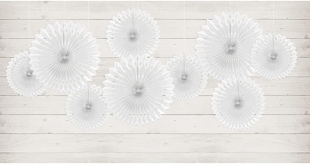 PartyDeco Pack of 3 Fabric Fan-shaped Decorations. White to Hang Home for Ceremonies or Marriage