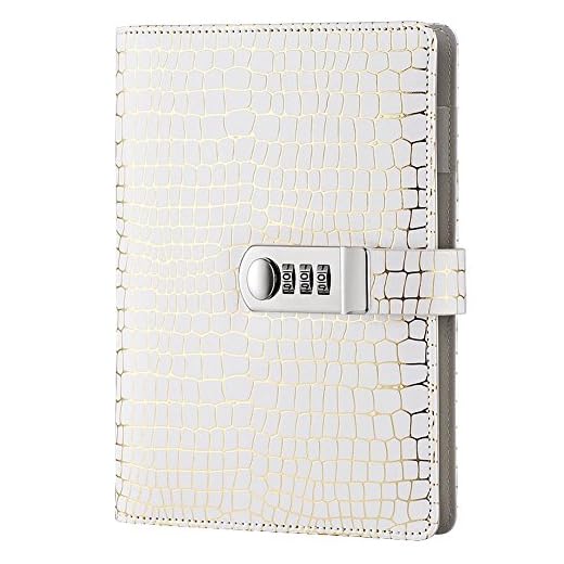 ARRLSDB Password Notebook with Lock, A5 Size PU Leather Combination Lock Diary Password Journal Locking Student Handbook Notepad and Journal Diary (White)