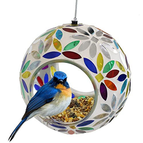 Sunnydaze 6-Inch Glass Mosaic Hanging Bird Feeder for Outdoors - Fly-Through Wild Bird Feeder - Rainbow Daisies