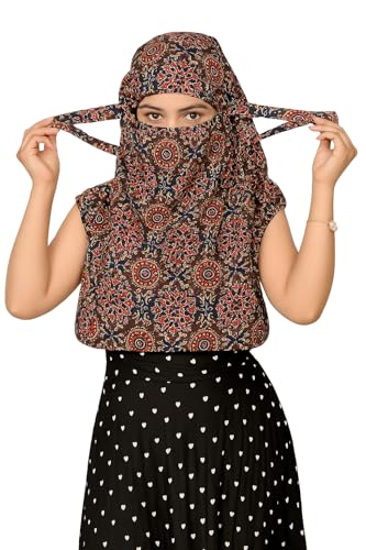 Image of Scarf Face Cover Mask Sun Protection Hair,Head, Neck, Nose Safety Head Wrap Scarf For Women Girls Daily Use Dupatta Hijab Double Layer Cotton Printed Kalamkari