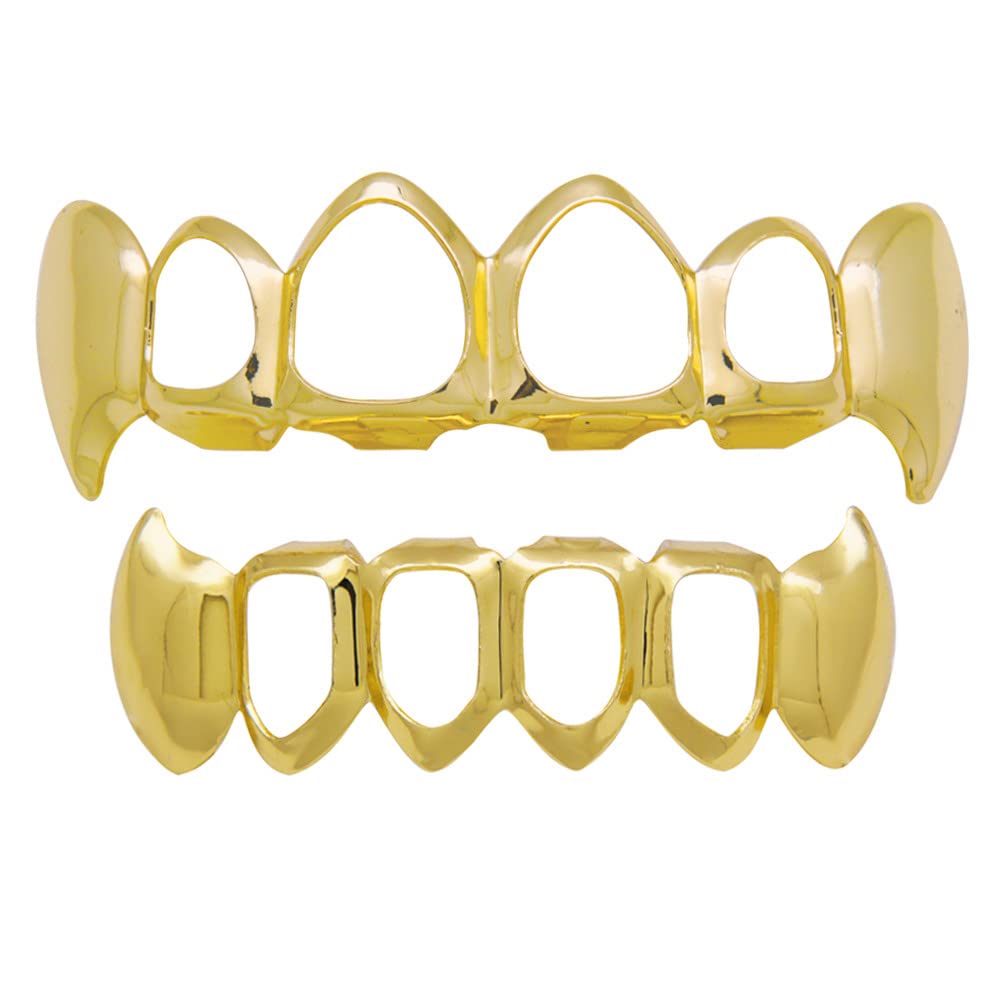 18K Gold Plated Hip Hop Teeth Grillz Caps Open Face Top and Bottom Grills for Your Teeth Vampire Grillz Rapper Costume Cosplay