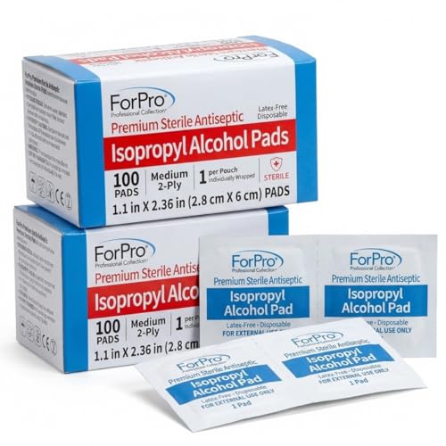 ForPro Alcohol Prep Pads, 200-Count Sterile Alcohol Wipes Individually Wrapped, 70% Isopropyl, Medium 2-Ply Medical Grade Antiseptic Pads, Latex-Free, First Aid & Injection Prep, Gamma Sterilized