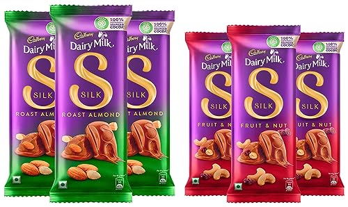Image of Cadbury Dairy Milk Silk Fruit And Nut Chocolate Bar, 137G (Pack Of 3) & Dairy Milk Silk Roasted Almonds Chocolate Bar, 143G (Pack Of 3), 840 Gram