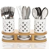 Lawei 3 Pieces Ceramic Silverware Caddy with Bamboo Base, Flatware Caddy Cutlery Storage Organizer for Forks, Spoons, Knives, Utensil Holder Tool Crock with Drain Holes for Kitchen, Cabinet or Pantry
