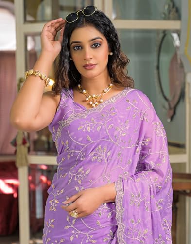 Image of SIRIL Women's Georgette Embroidery Saree With Unstitched Blouse