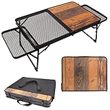 ZAIDEA サイドテーブル付き アウトドア キャンプ テーブル 折りたたみ コンパクト ローテーブル バーベキュー 木目 軽量 収納袋付き
