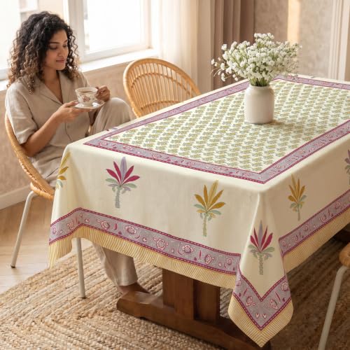 Image of Urban Space 100% Cotton Dining Table Cover 4 Seater, Jaipuri Handblock Cotton Table Cloth for Center Table, Dining Room Table Cover (Size 48 inch x 72 inch - 4 Seater, Aarvi)