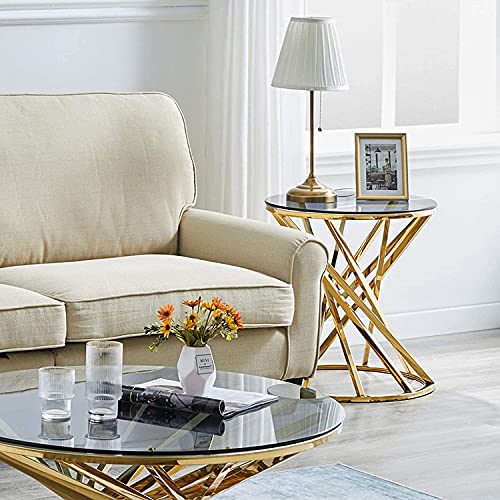 Set Of 1 Round Glass Top Side Table For Living Room- Black Grey Tempered Glass & Gold Stainless Steel Frame, 19.5" Modern Spiral Center Table Small Coffee Table End Table For Bedroom Guestroom #TOP3